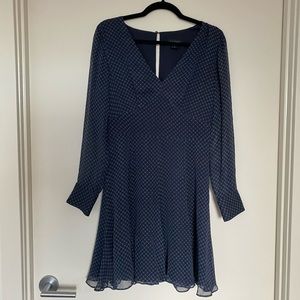 Club Monaco Sheer Overlay Navy long-sleeve silk dress